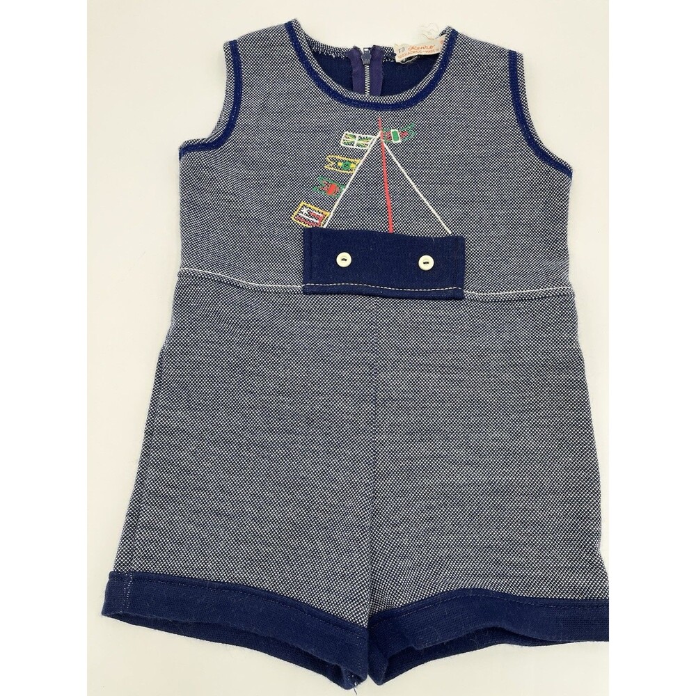 Vtg 60s 70s Renzo Italy Toddler Knit Romper Blue White Sailboat Sz T3